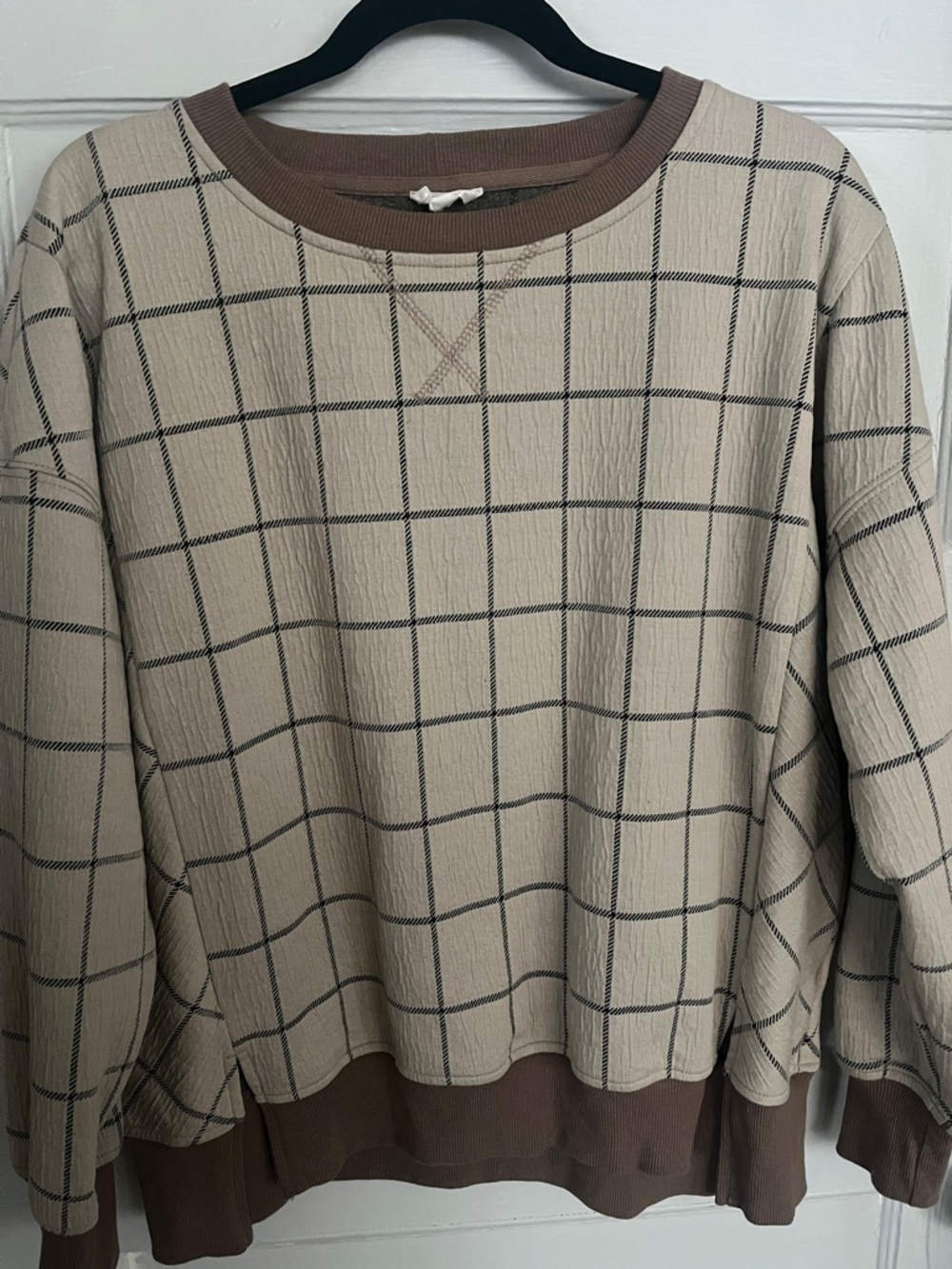 Hem & Thread Brown Plaid Ribbed Crewneck Sweatshirt